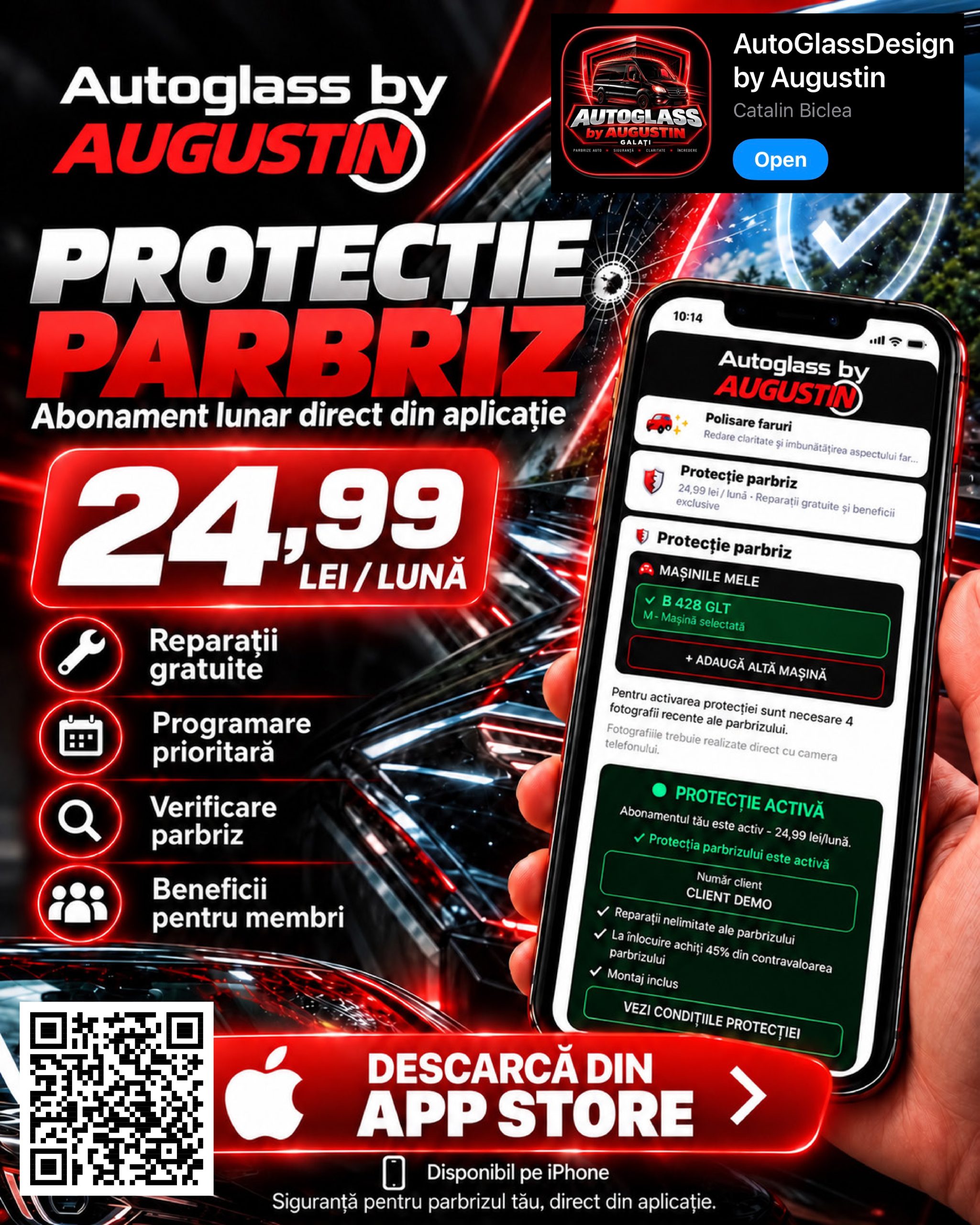 Protecție parbriz AutoGlass by Augustin — abonament 24,99 lei pe lună și cod QR pentru aplicația iPhone
